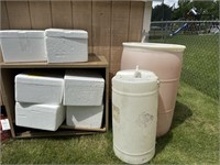 (2) Plastic Barrels, (6) Styrofoam Coolers and