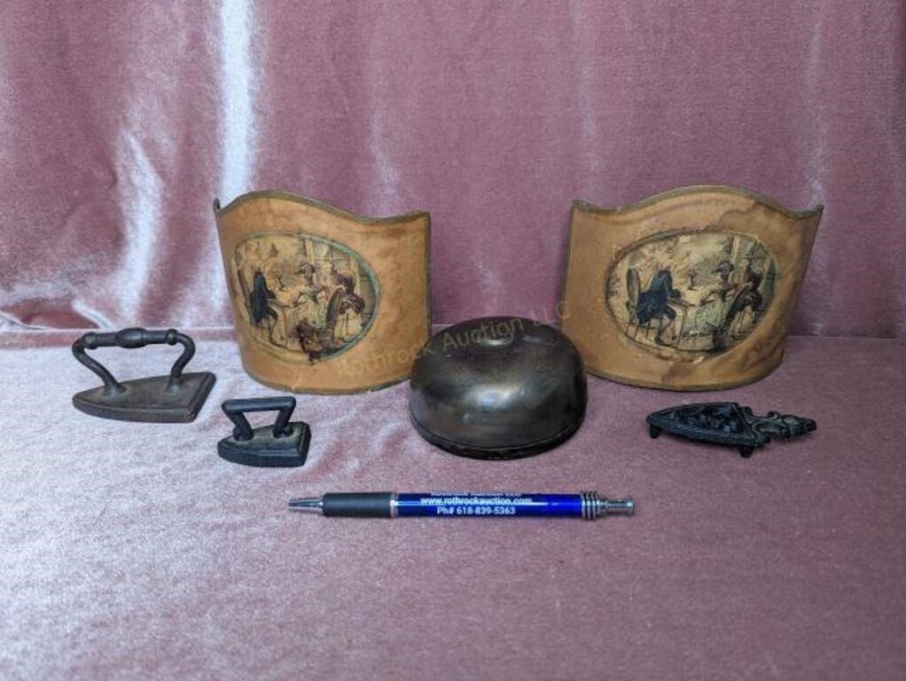 (2) Antique Shades; Brass Bell; Mini Sad Iron