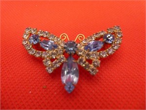 Butterfly Blue Rhinestone 2" Brooch