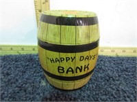 TIN HAPPY DAYS BARREL COIN BANK