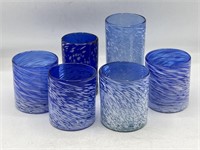 6 blue assorted hand blown art glass glasses