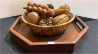 A wooden octagon serving tray 13” and a basket