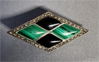 Green and Onyx in Silver Brooch .925