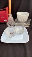 Vintage tang glass set, milk glass, crystal bell