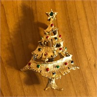 Gold Tone & Enamel Christmas Tree Brooch Pin