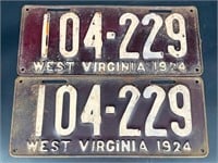 1924 WEST VIRGINIA LICENSE PLATE #104229 PAIR