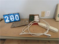 NY 1964 TRAILER PLATE, JD PENCILS, SURGE PROTECTOR