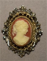 Shell Cameo Brooch w/ Clear Stones-Marked ART