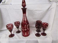 6PC VINTAGE RED CUT TO CLEAR DECANTER SET 15"
