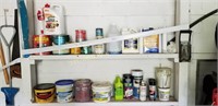 2 shelves of misc. paints and cleaning supplies