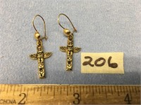 Pair of dangle totem pole, gold tone earrings, app