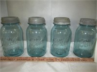4pc Vintage Blue Glass Ball Mason 1qt Jars