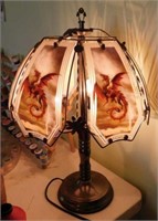 Metal touch lamp w/ glass dragon panels, 24" tall