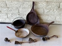 Cast Iron Cooking Pot, Bells, Old Skillets