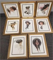 8 Harrison Fisher ornately framed lady prints