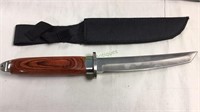 13 inch knife with wood handle, canvas scabbard,