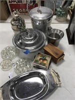 silver tray, ice bucket,  an coasters