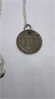 1866 3-cent piece on sterling chain stamped 925