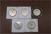 Lot of 5 Walking Liberty Halves