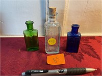 Three vintage poisons bottles, blue, green,& aqua