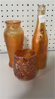 Carnival Glass Bottle & Two Vases