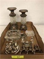TRAY OF ASSORTED SILVER PLATE, SALTS, ASHTRAYS,