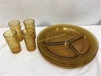 Amber Glass Plates & Cups (4)