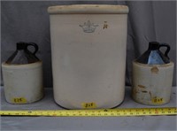 28B: (2) stoneware jugs; 1.8-gal crock