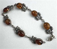 925 Silver Art Nouveau Amber Bracelet