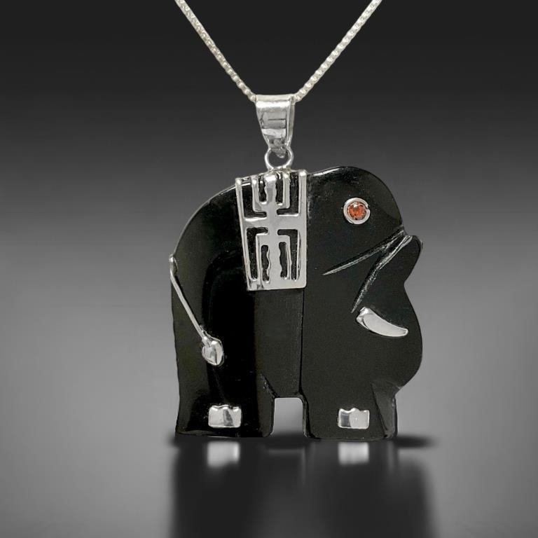 Elephant Carved Black Onyx Pendant Sterling