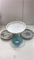 White Pedestal dish, blue candy dish, 2 serving