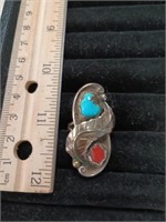 Silver, Turquoise & Coral Ring Signed