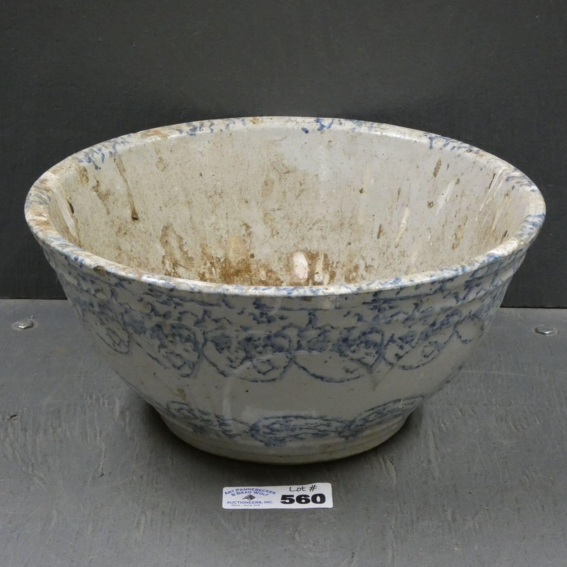 Blue Spongeware Stoneware Mixing Bowl - Cracked