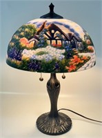 PRETTY HEAVY CAST LAMP W REVERSE PAINTED SHADE