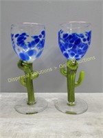 Pair Of Blown Glass Cactus Margarita Glasses