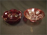 Two 8" red glass serving bowls: pressed glass