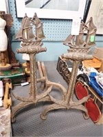 PAIR OF CAST SHIP TOPPED ANDIRONS  19" TALL