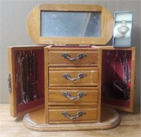 Wooden Open Top Jewelry Box w/Jewelry & Watch