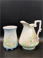 Vintage Hand Painted Porcelain Vase & Pitcher