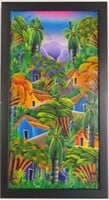 TROPICAL VILLAGE BY LUIS - OIL ON BOARD - FRAMED