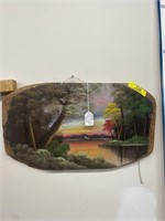 Vintage Painted Wood Art Sunset over Water, 19.5"x