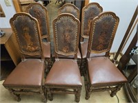 Set of 6 Antique Leather Back Carved Wood Chairs