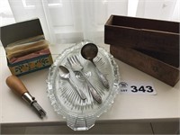 CHEESE BOXES, STAMPS, PLATTER, SILVERWARE