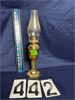Amber Oil lamp w/etched chimney 18 ½”