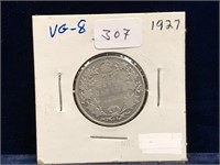 1927 Canadian Silver 25 Cent Piece  VG8