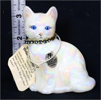 Fenton white iridescent March birthday cat figure