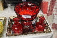 3PC FOSTORIA RED COIN BOWL & CANDLE HOLDERS