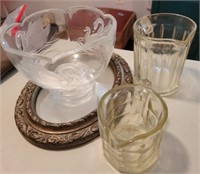 SMALL MIRROR, CRYSTAL BOWL W/SWANS AND 2 VINTAGE