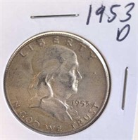 1953 D Benjamin Franklin Silver Half Dollar