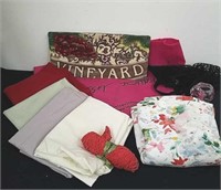 Floral shower curtain, pillow cases, net bags a